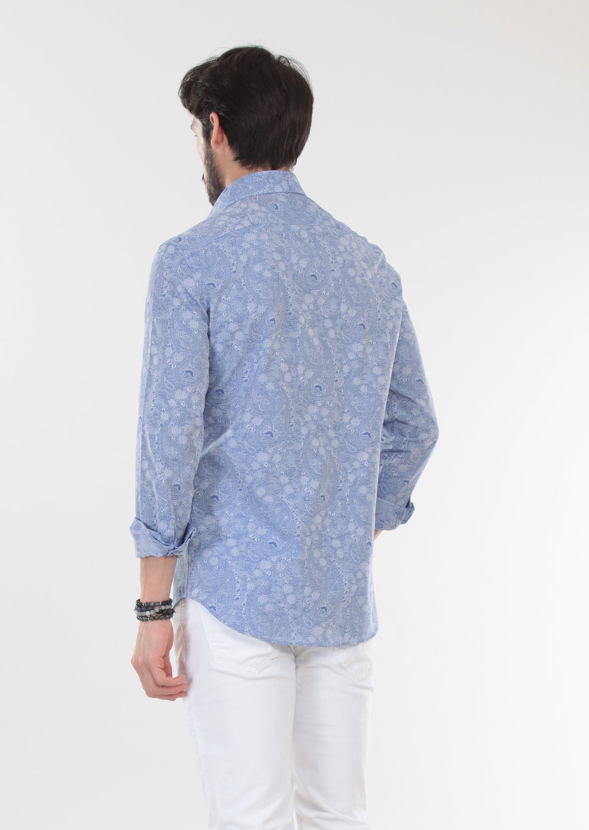 Lacivert Desenli Slim Fit Uzun Dokuma Klasik %100 Pamuk Gömlek