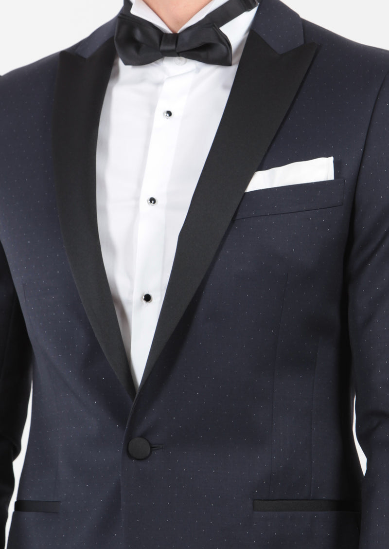 Koyu Lacivert Desenli Fashion Slim Fit Kruvaze Yaka Dokuma Smokin Takım Elbise