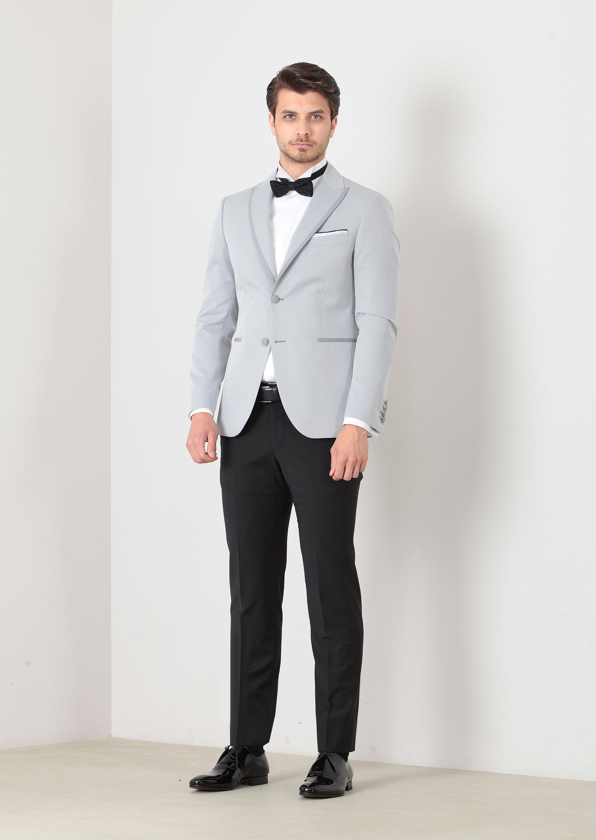 Açık Gri Düz Modern Fit Yün Karışımlı Smokin Ceket