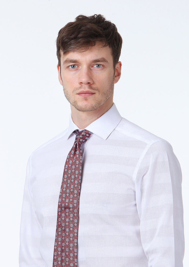 Beyaz Desenli Slim Fit Uzun Dokuma Klasik %100 Pamuk Gömlek