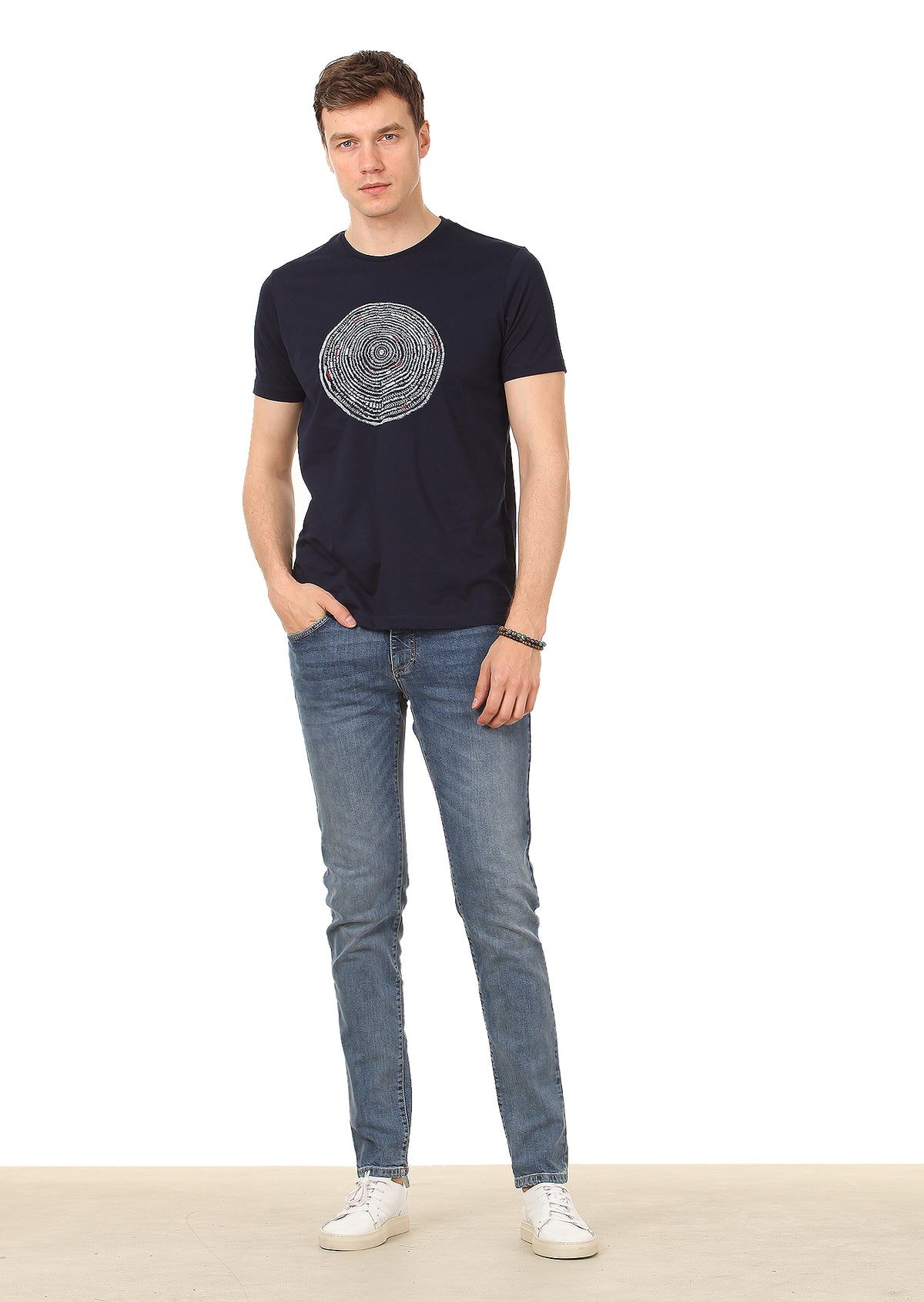Koyu İndigo Baskılı %100 Pamuk T-Shirt