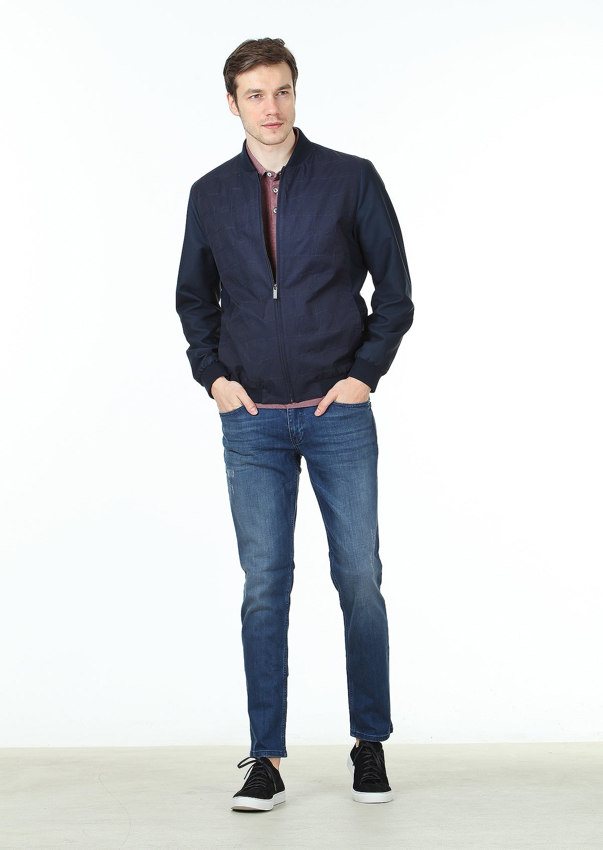 Lacivert Regular Fit Dik Yaka Dokuma Mont