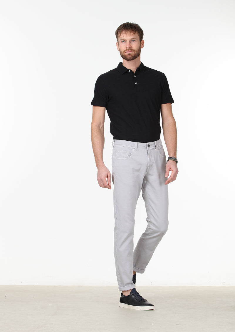 Gri Düz Dokuma Slim Fit Casual Pamuk Karışımlı Pantolon