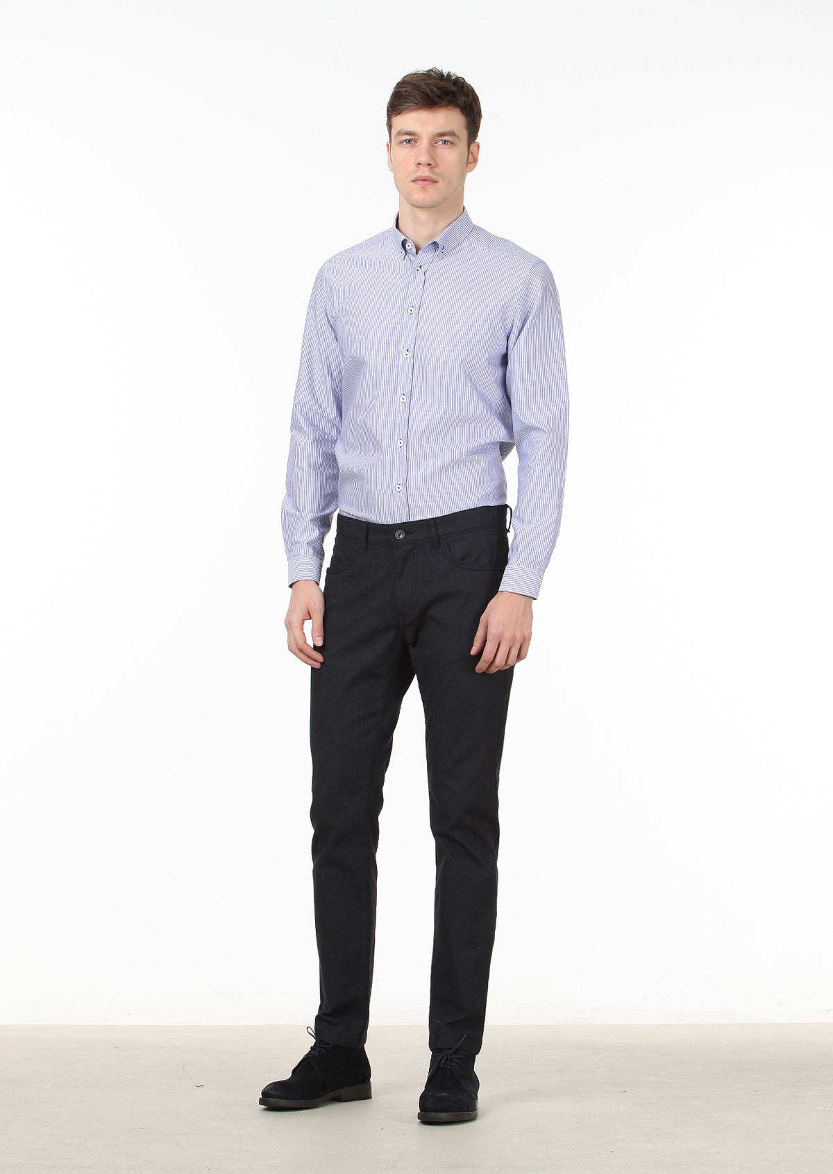 Lacivert Çizgili Regular Fit Uzun Dokuma Casual %100 Pamuk Gömlek