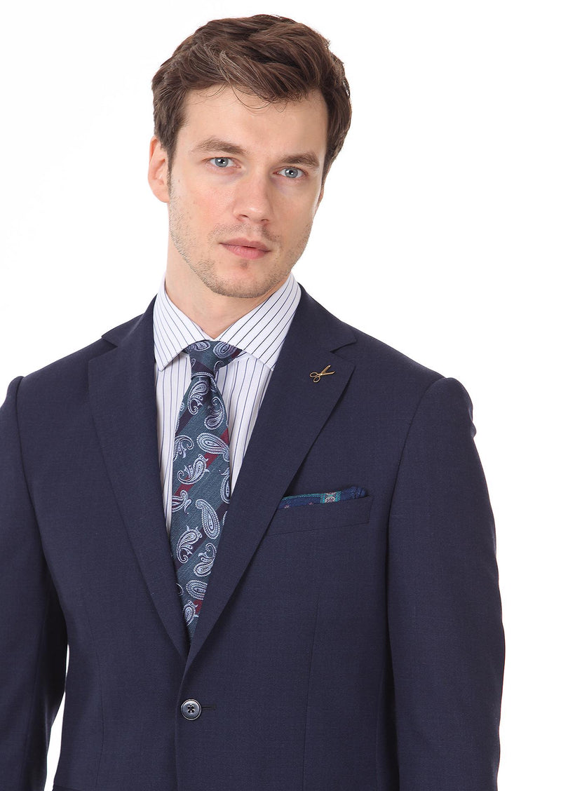 Lacivert Düz Modern Fit Yün Karışımlı Takım Elbise