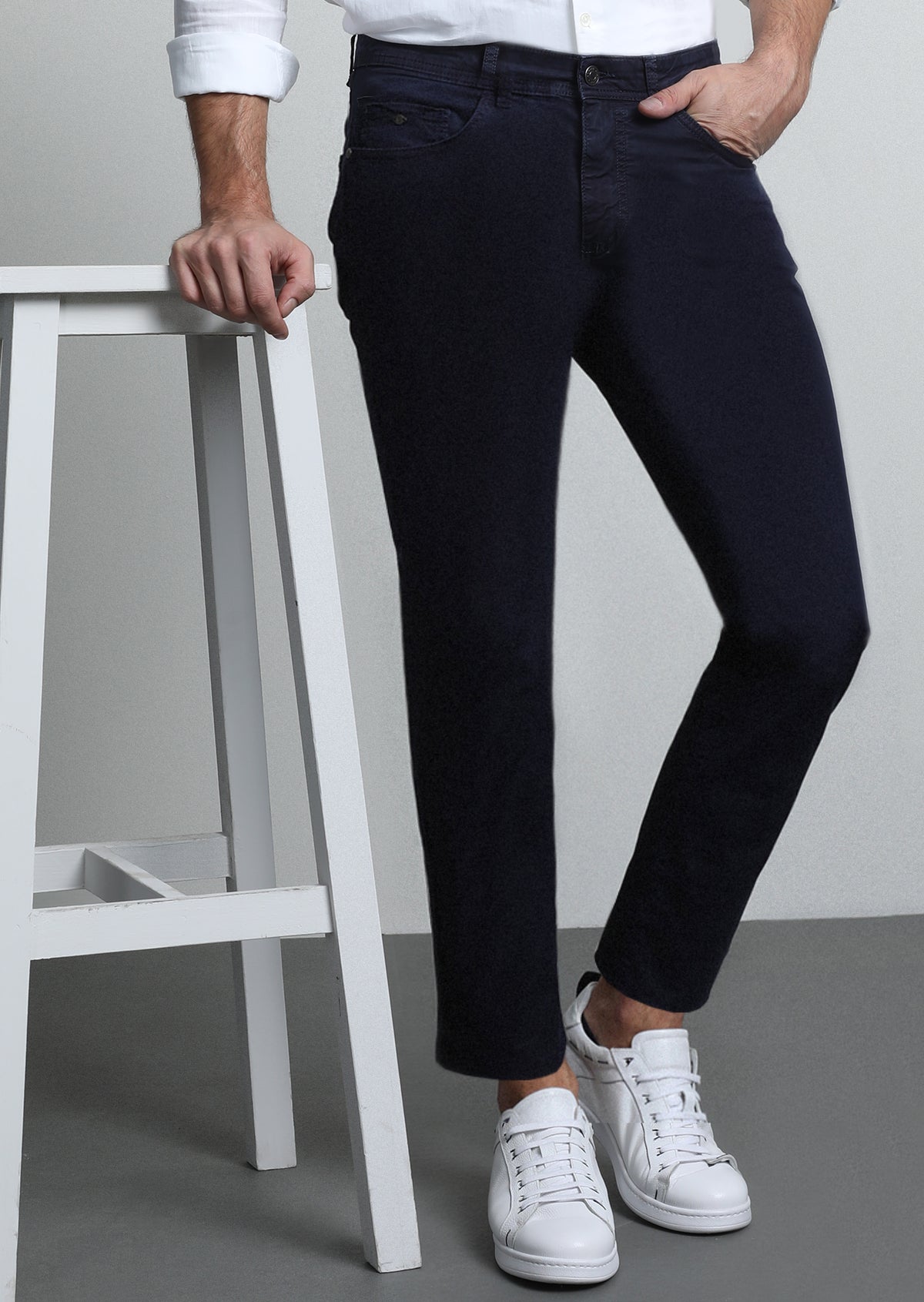 Lacivert Düz Dokuma Slim Fit Casual Pamuk Karışımlı Pantolon
