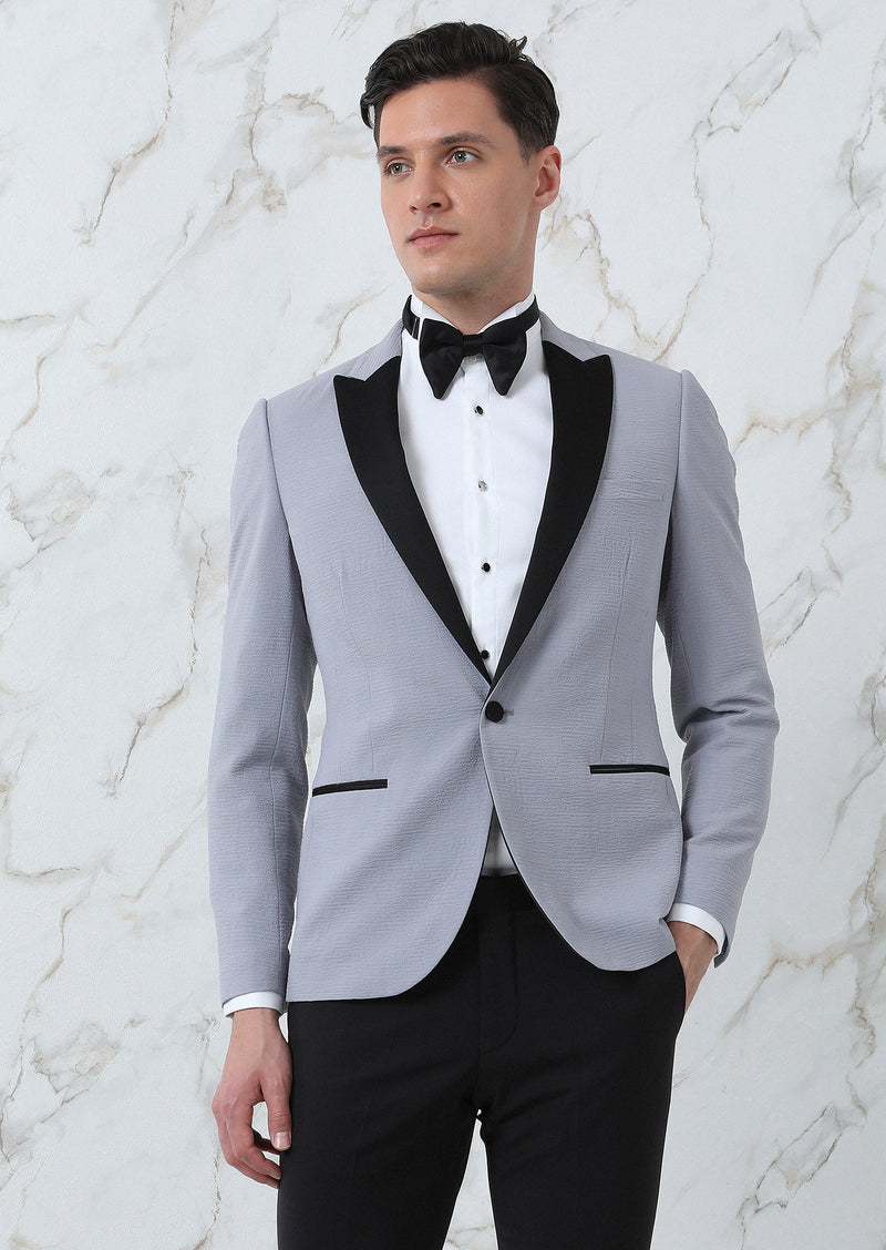 Gri Düz Fashion Slim Fit Kruvaze Yaka Dokuma Smokin Takım Elbise
