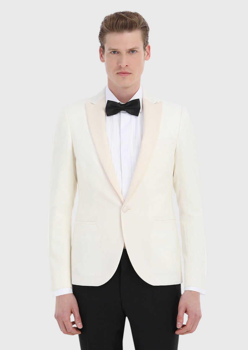 Ekru Desenli Fashion Slim Fit Kruvaze Yaka Dokuma Smokin Takım Elbise