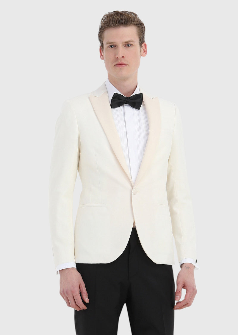 Ekru Desenli Fashion Slim Fit Kruvaze Yaka Dokuma Smokin Takım Elbise