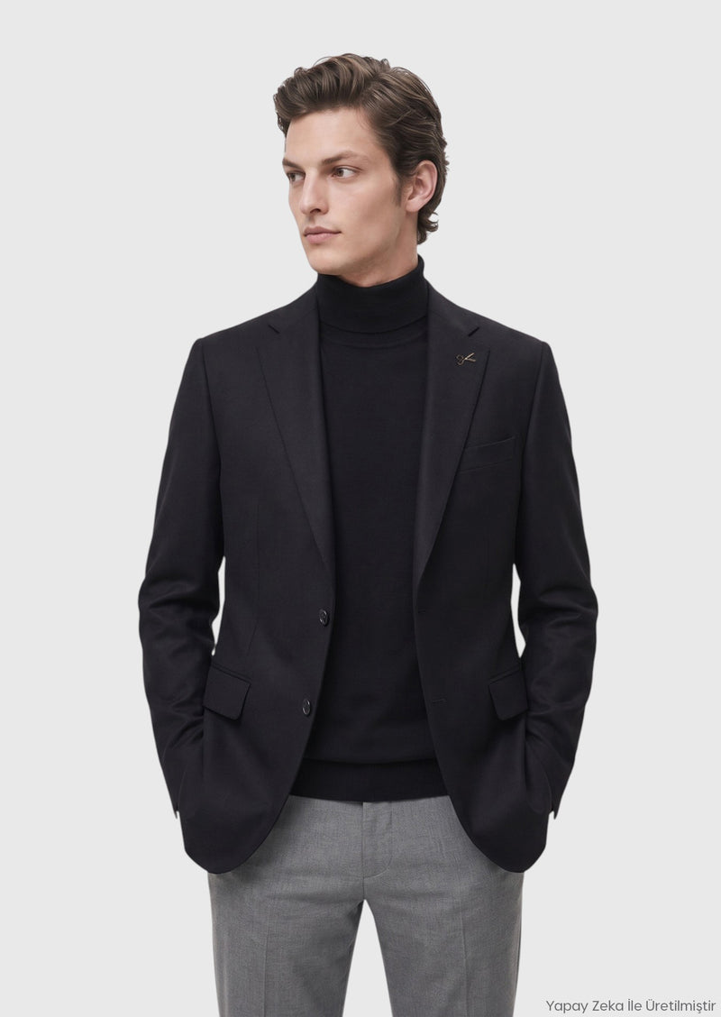 Siyah Düz Regular Fit %100 Kaşmir Ceket