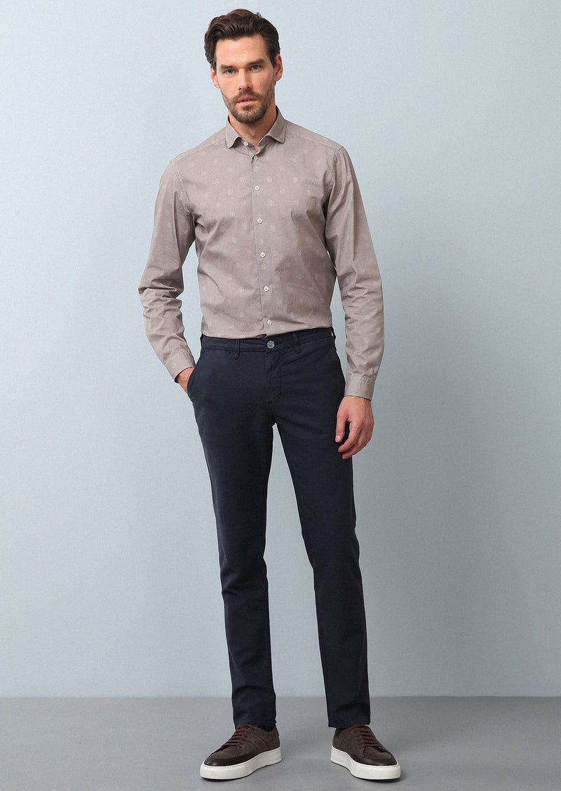 Bej Baskılı Slim Fit Uzun Dokuma Casual %100 Pamuk Gömlek