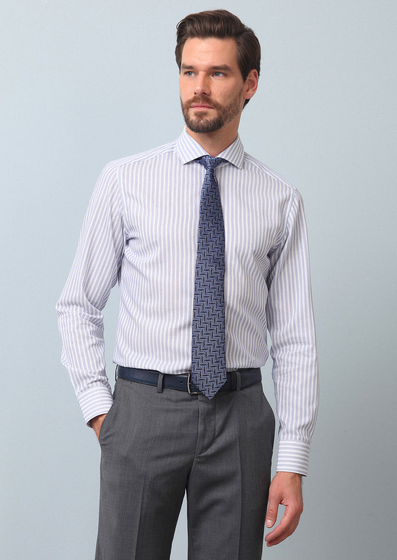 Lacivert Çizgili Slim Fit Uzun Dokuma Klasik %100 Pamuk Gömlek