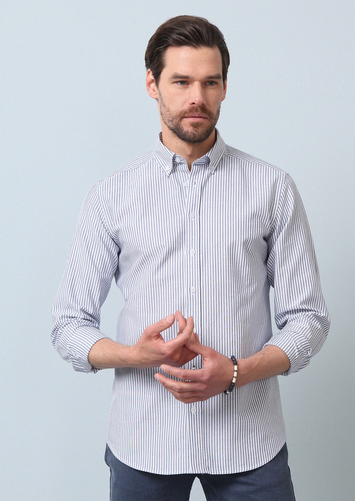 Lacivert Çizgili Regular Fit Uzun Dokuma Casual %100 Pamuk Gömlek