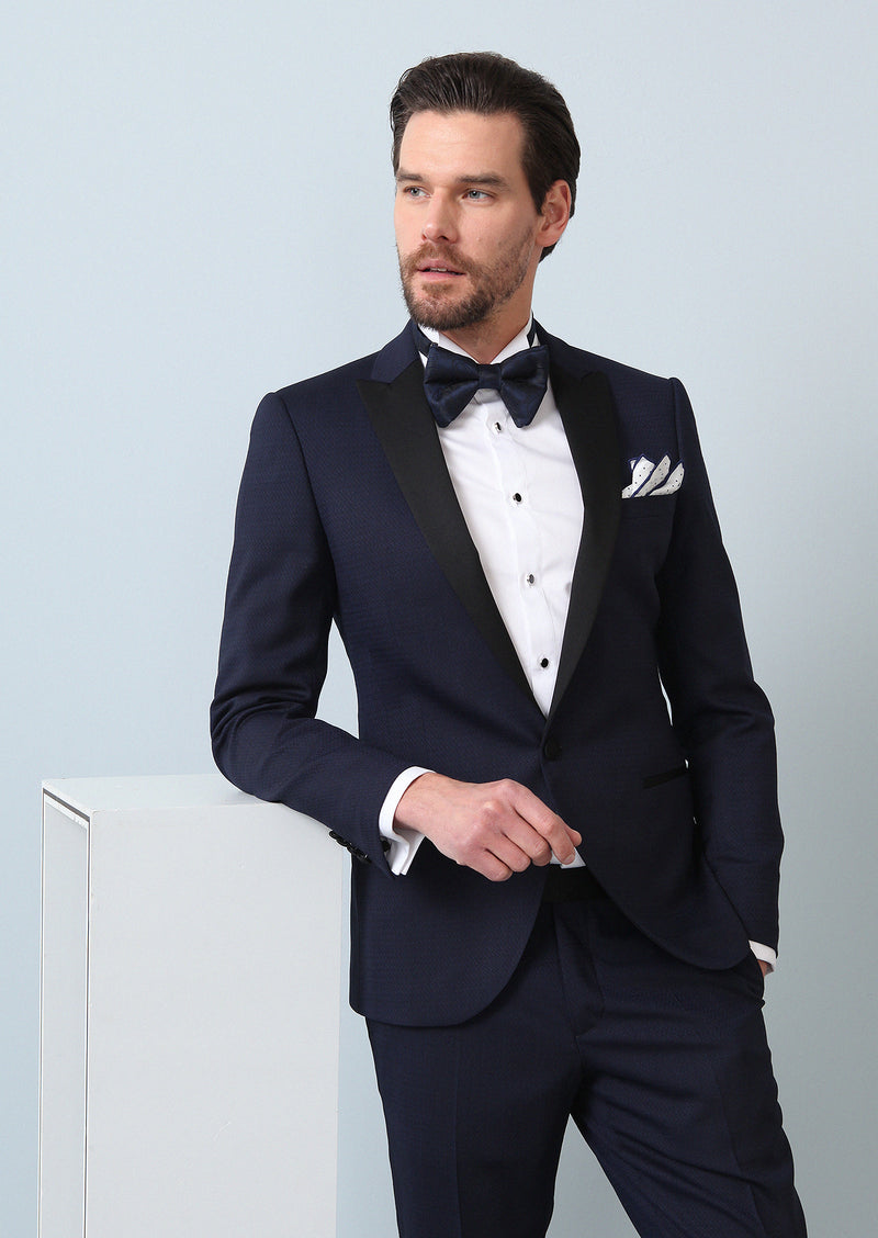 Saks Desenli Fashion Slim Fit Kruvaze Yaka Dokuma Smokin Takım Elbise