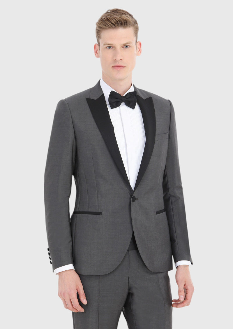 Koyu Gri Düz Fashion Slim Fit Kruvaze Yaka Dokuma Smokin Takım Elbise