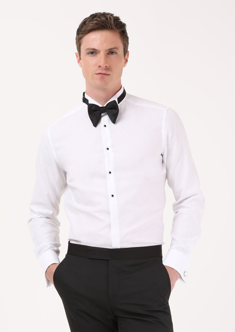 Beyaz Düz Slim Fit Duble Manşet Ata Yaka Smokin Gömlek
