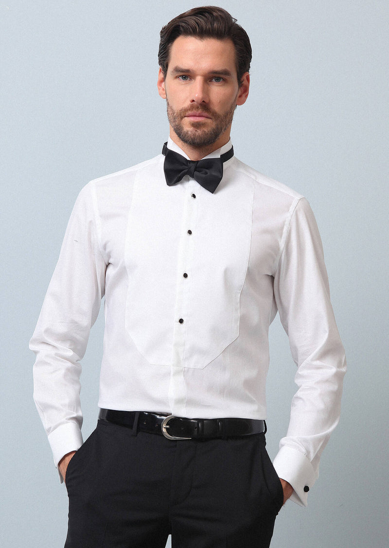 Beyaz Düz Slim Fit Duble Manşet Ata Yaka Smokin Gömlek