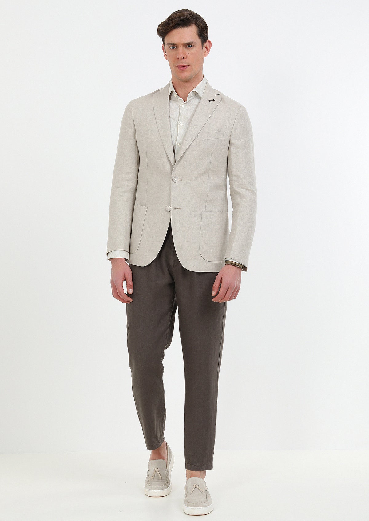 Bej Düz Zeroweight Slim Fit %100 Keten Ceket