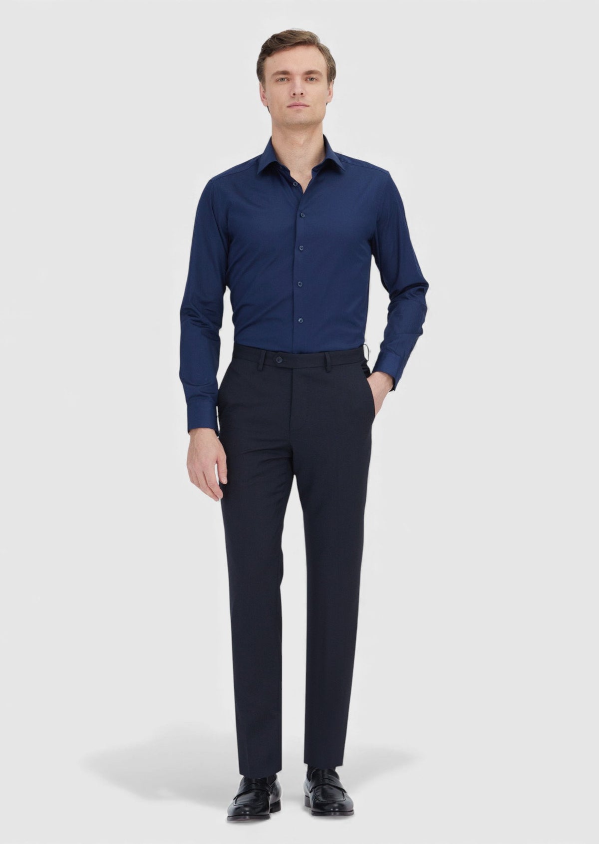 Lacivert Düz Slim Fit Uzun Dokuma Klasik %100 Pamuk Gömlek