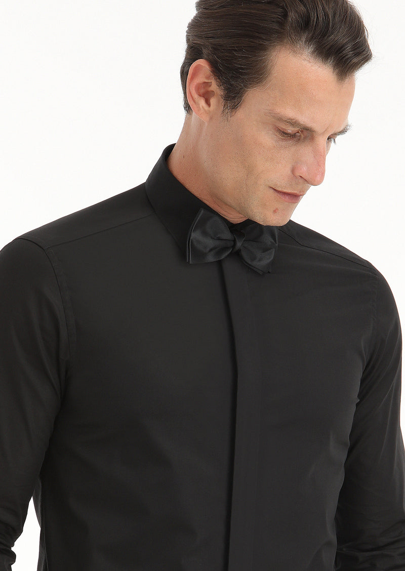 Siyah Slim Fit Duble Manşet Sivri Yaka Smokin Gömlek
