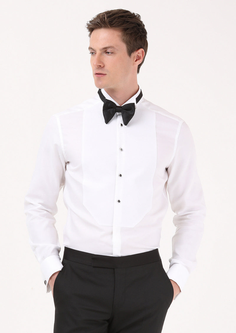 Beyaz Düz Slim Fit Duble Manşet Ata Yaka Smokin Gömlek