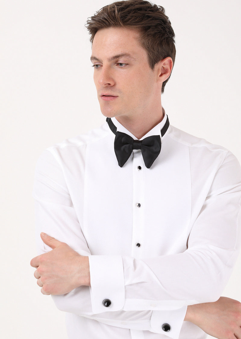 Beyaz Düz Slim Fit Duble Manşet Ata Yaka Smokin Gömlek