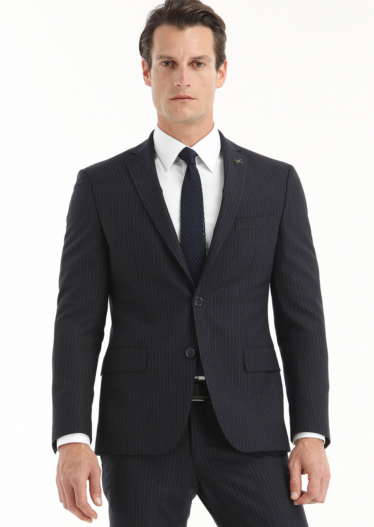 Lacivert Çizgili Zeroweight Slim Fit Yün Karışımlı Takım Elbise