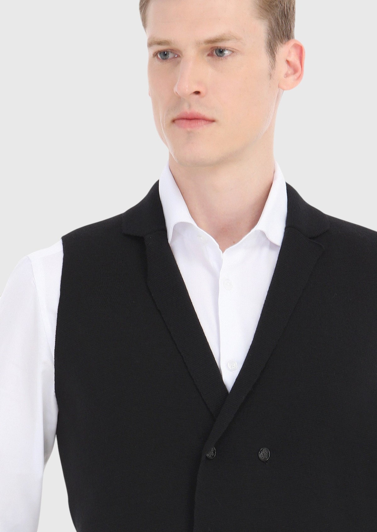 Siyah Regular Fit Kelebek Yaka Casual Örme Triko Yelek