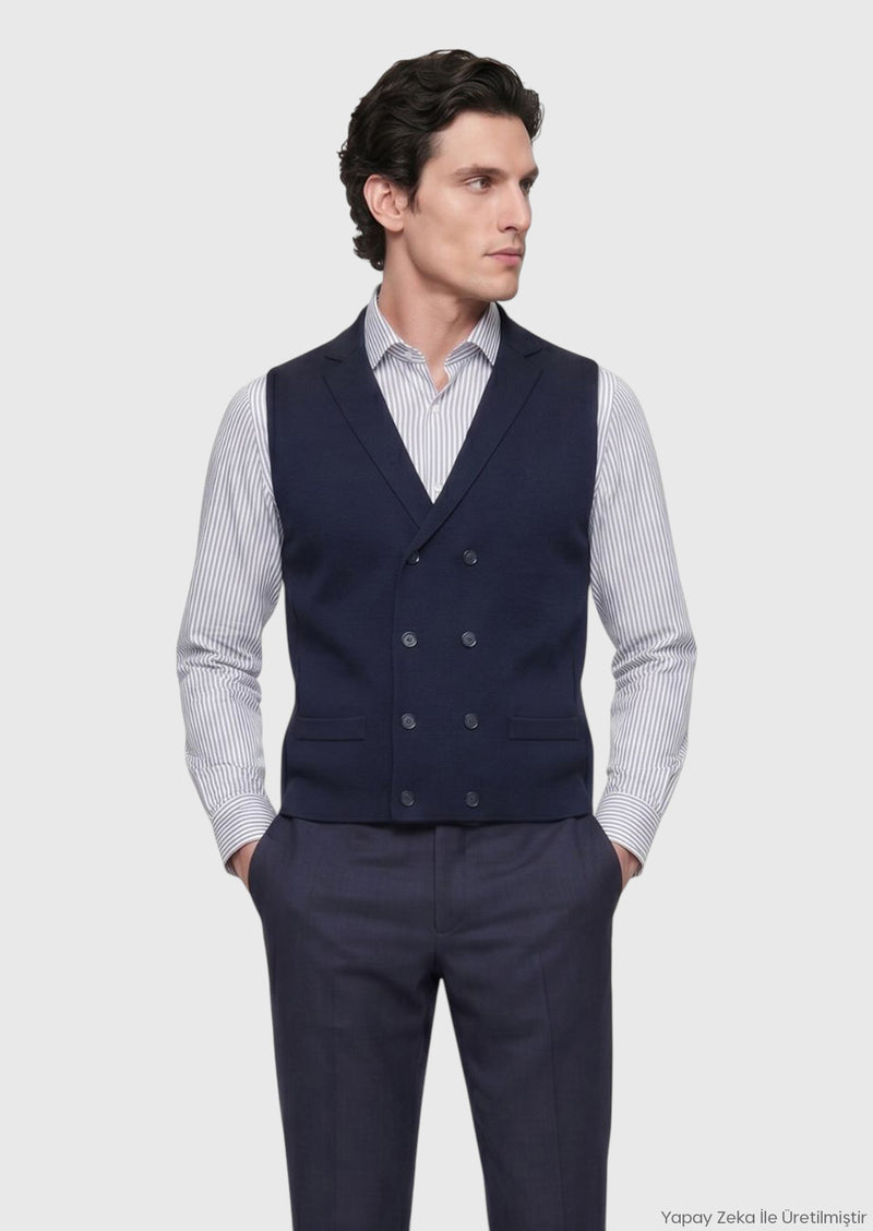 Lacivert Regular Fit Kelebek Yaka Casual Örme Triko Yelek