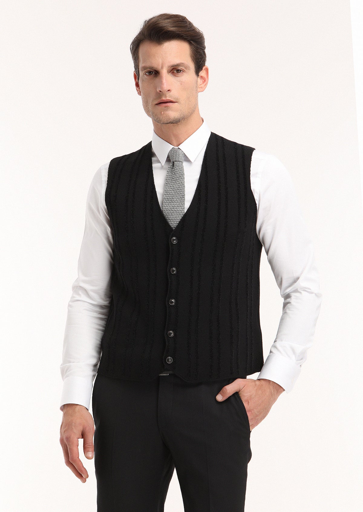 Siyah Regular Fit V Yaka Casual Örme Triko Yelek