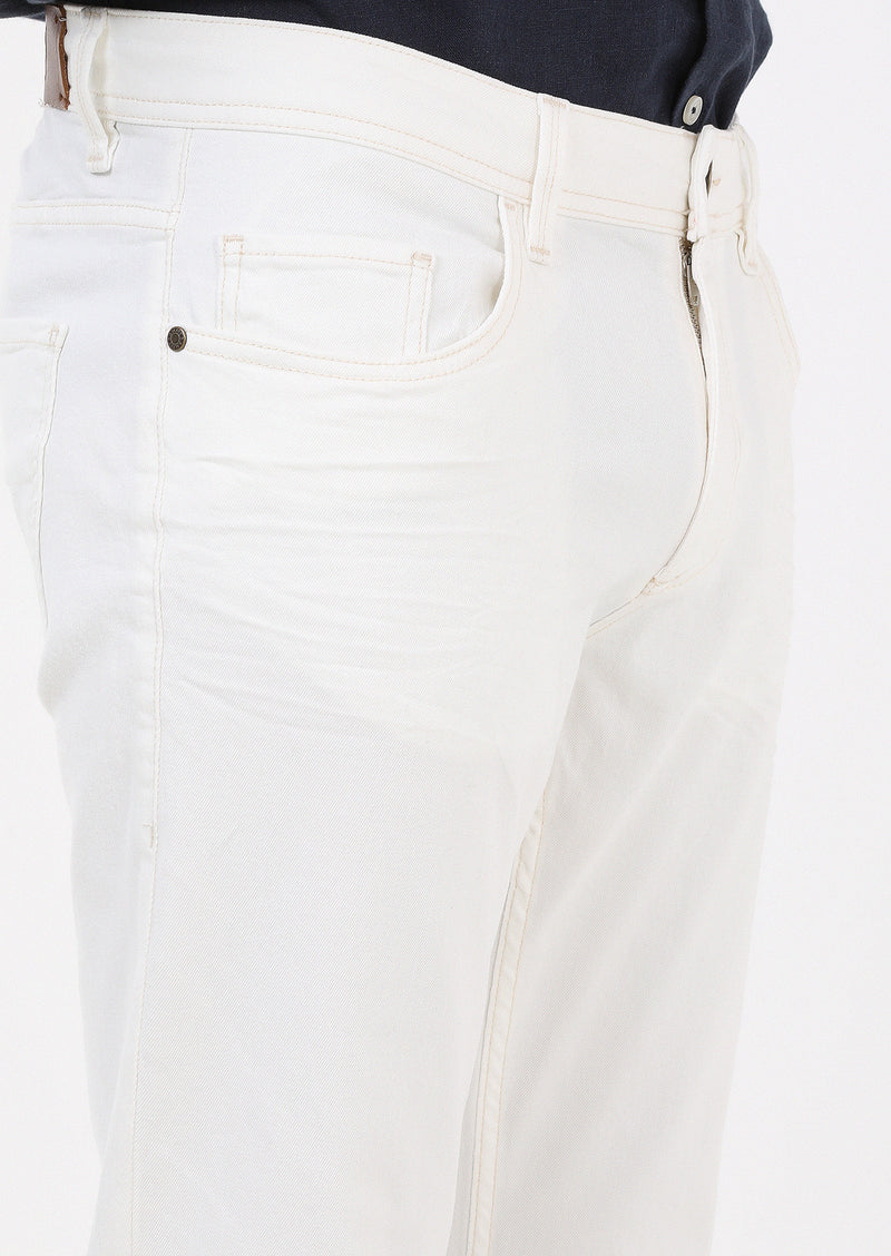 Ekru Düz Slim Fit Denim Pamuk Karışımlı Pantolon