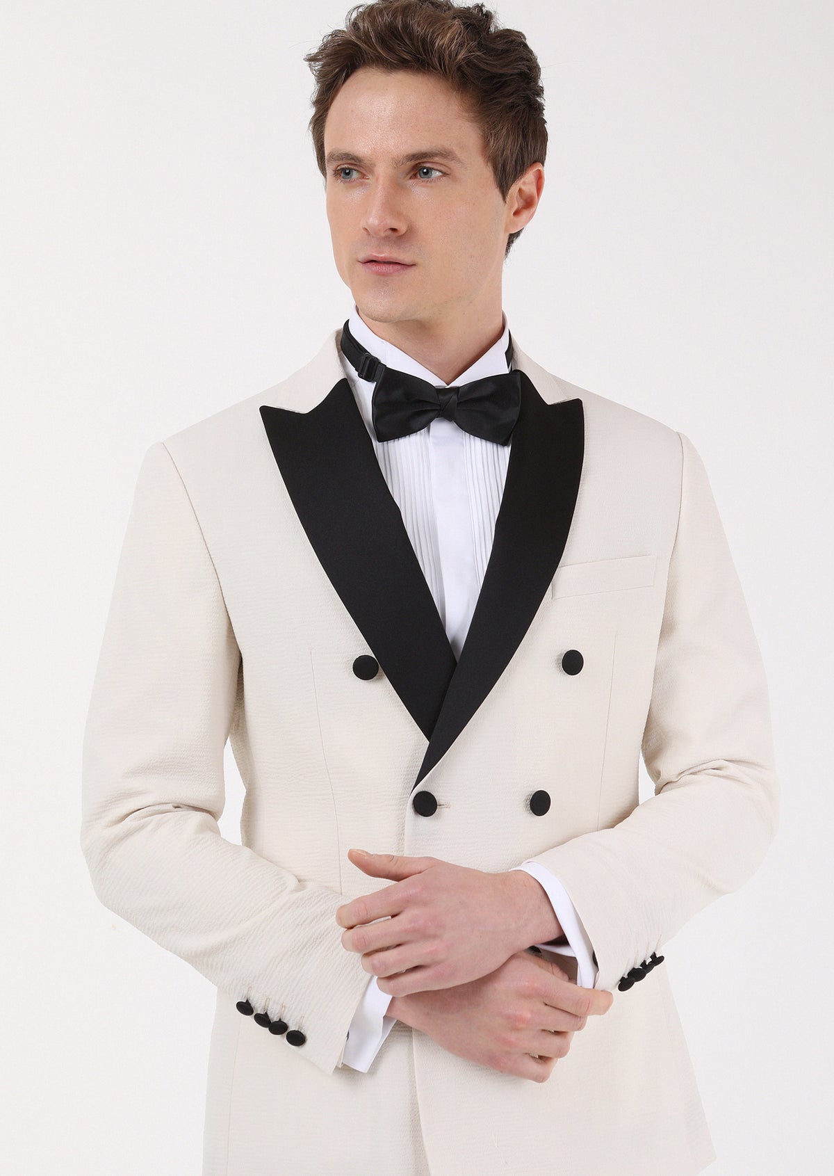 Ekru Düz Zeroweight Slim Fit Kruvaze Yaka Dokuma Smokin Takım Elbise