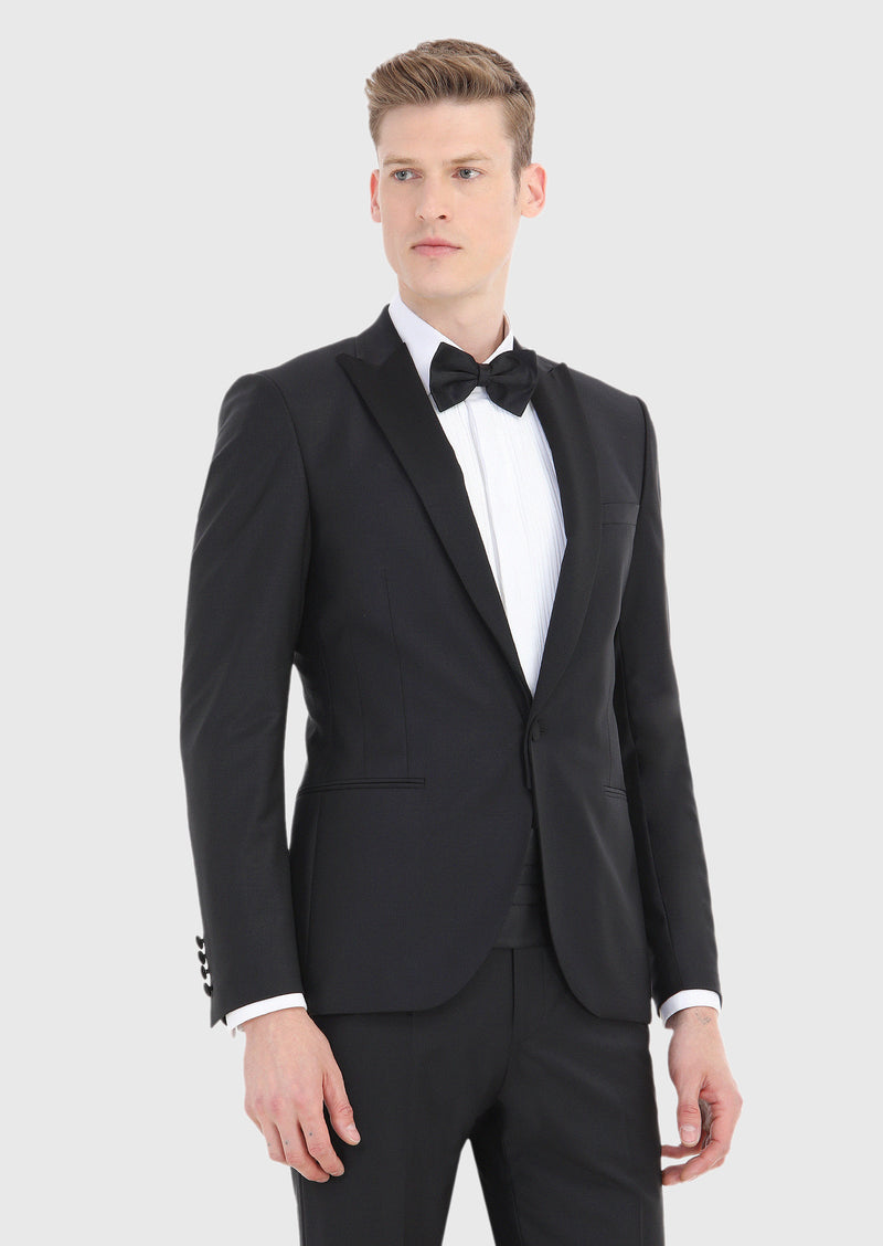 Siyah Düz Fashion Slim Fit Kruvaze Yaka Dokuma Smokin Takım Elbise