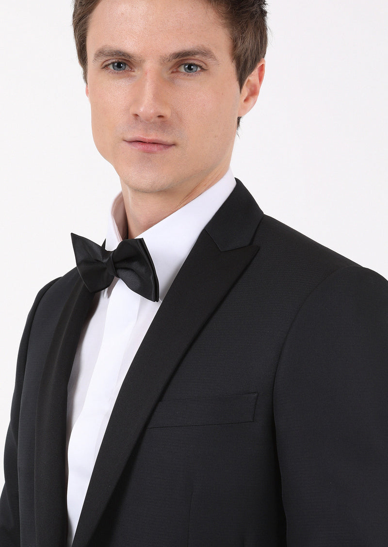 Siyah Mikro Fashion Slim Fit Kruvaze Yaka Dokuma Smokin Takım Elbise