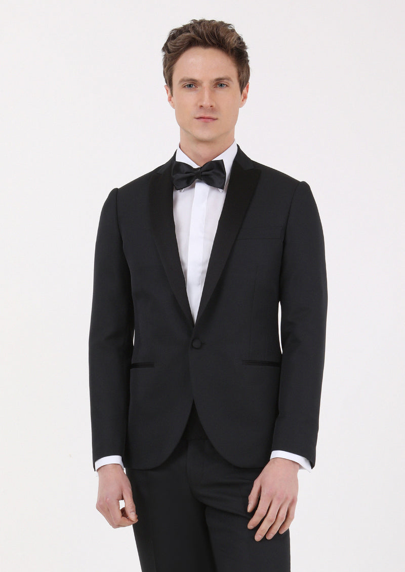 Siyah Mikro Fashion Slim Fit Kruvaze Yaka Dokuma Smokin Takım Elbise