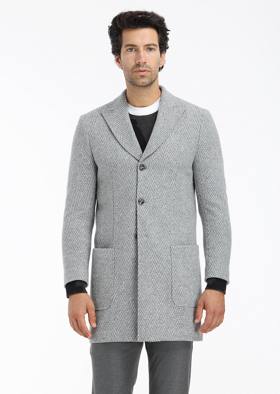 Gri Regular Fit Kruvaze Yaka Casual Örme Palto