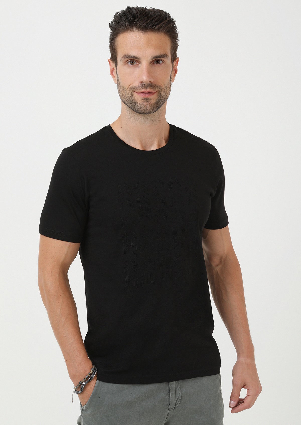 Siyah Düz Bisiklet Yaka %100 Pamuk T-Shirt