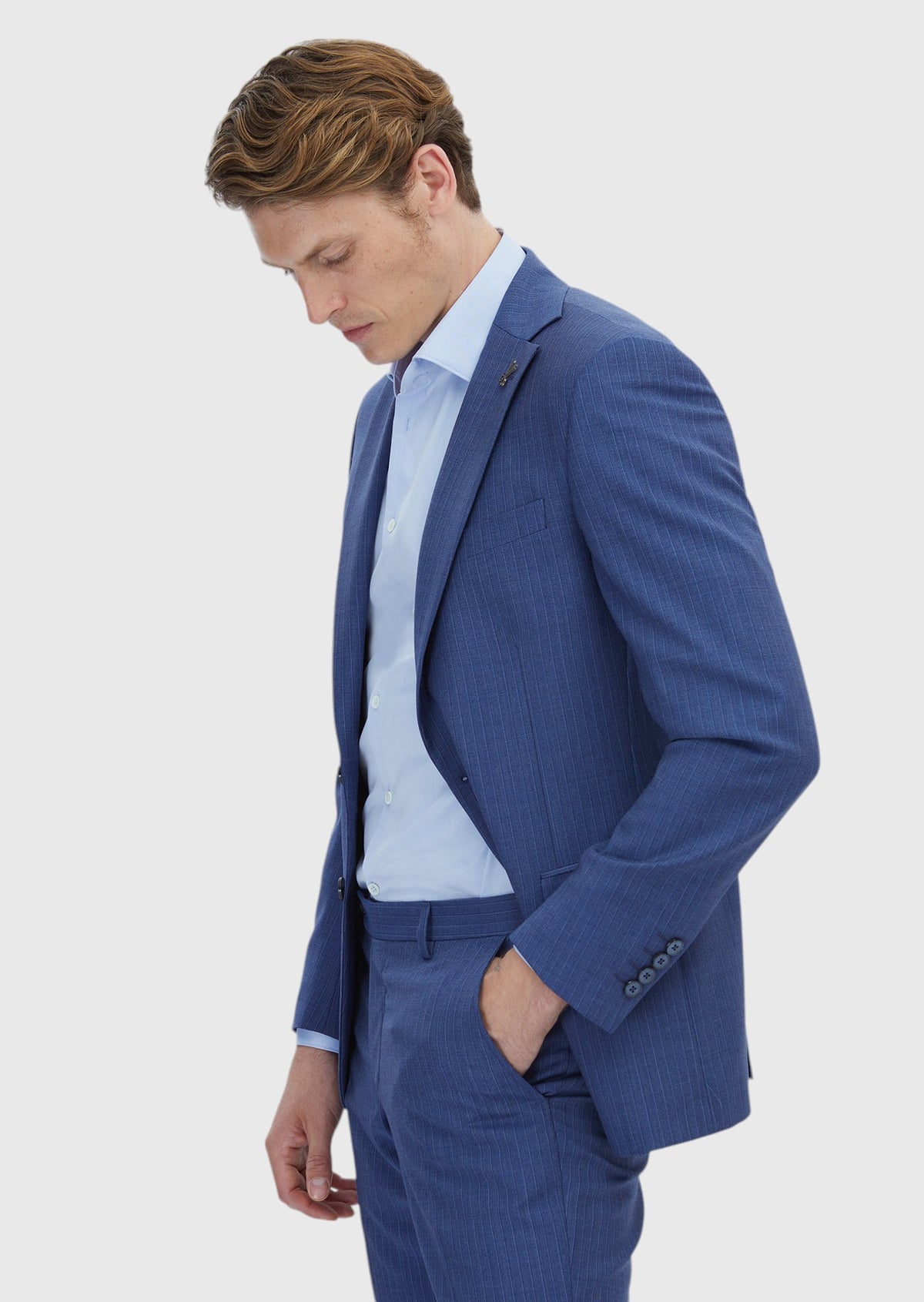 Mavi Çizgili Modern Fit %100 Yün Takım Elbise