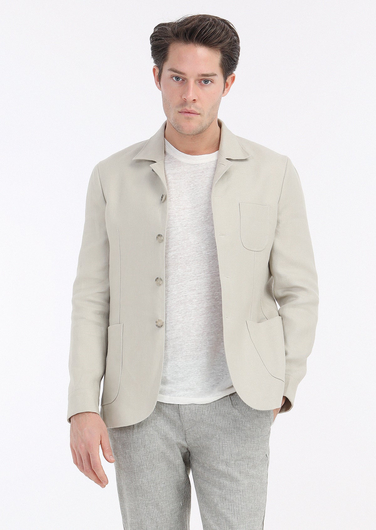 Bej Mikro Shirt Shoulder Slim Fit %100 Keten Ceket