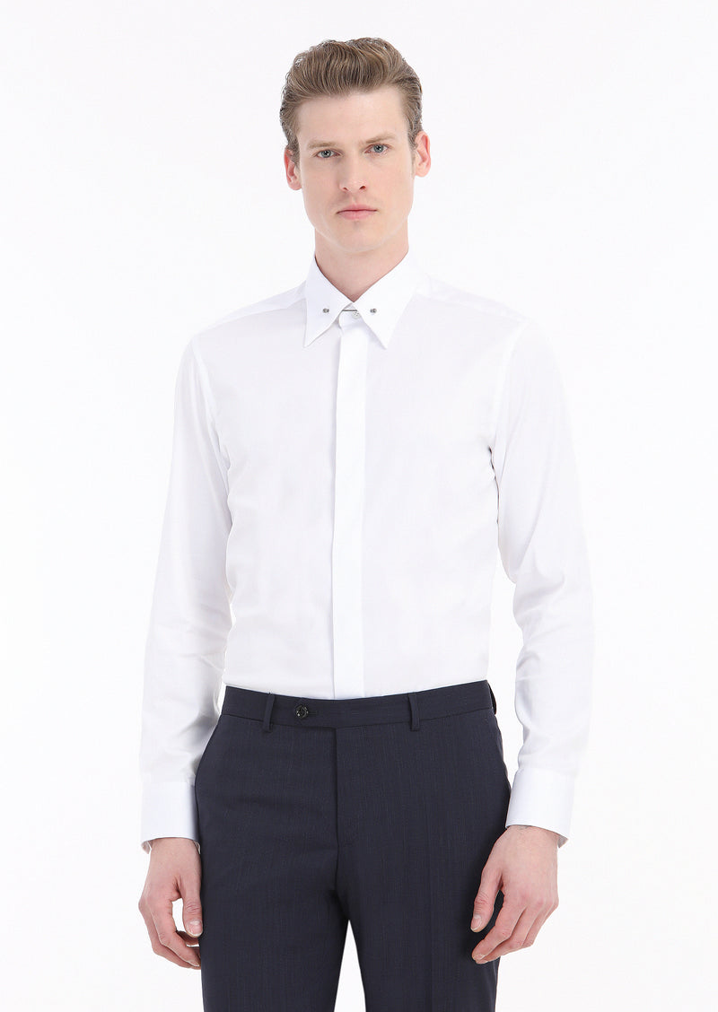 Beyaz Düz Slim Fit Uzun Dokuma Klasik Pamuk Karışımlı Gömlek