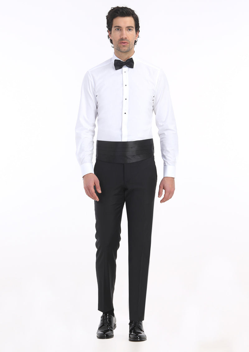 Beyaz Düz Slim Fit Duble Manşet Klasik Yaka Smokin Gömlek