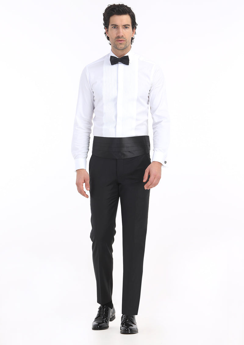 Beyaz Düz Slim Fit Duble Manşet Klasik Yaka Smokin Gömlek