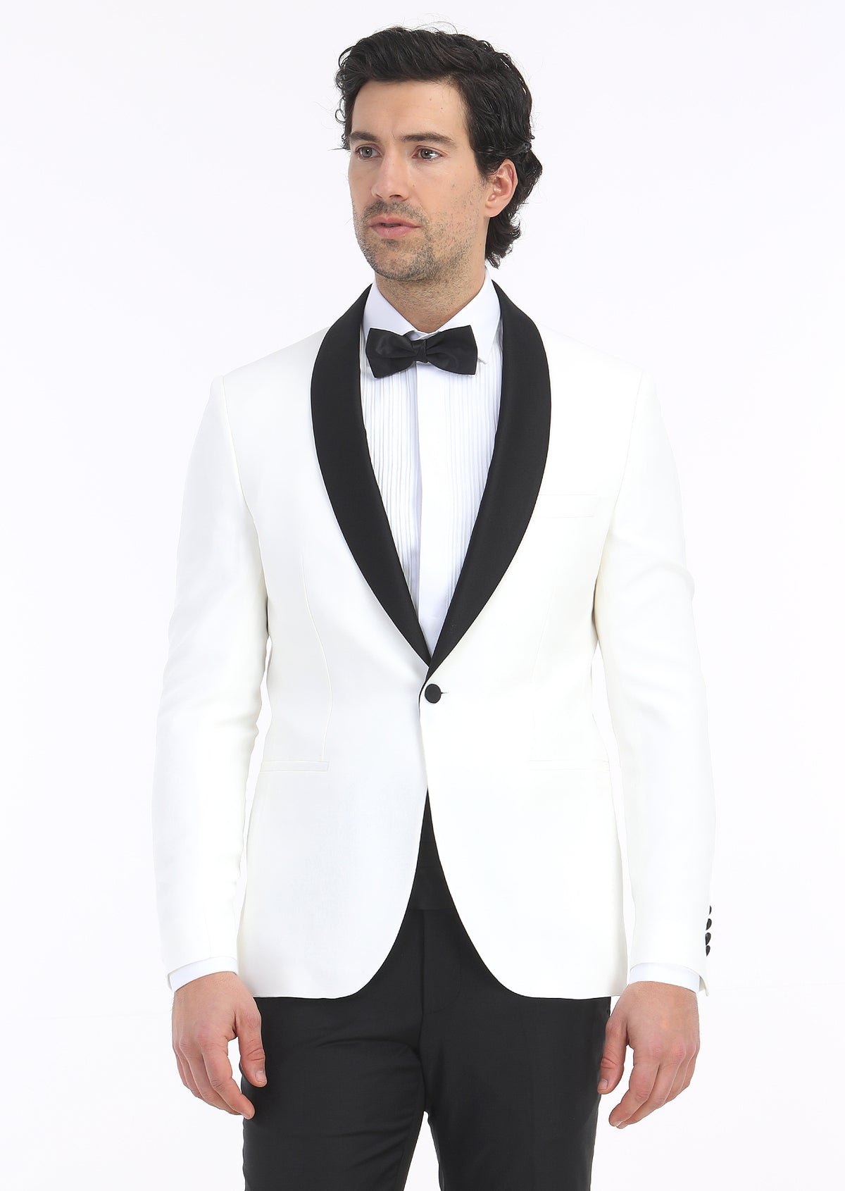 Beyaz Düz Slim Fit Duble Manşet Klasik Yaka Smokin Gömlek