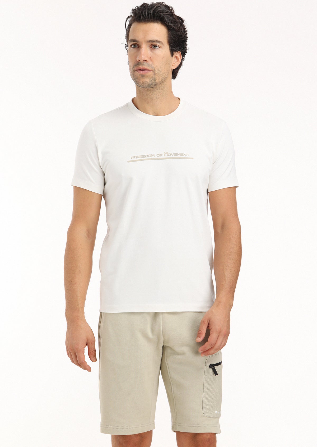 Ekru Baskılı Bisiklet Yaka %100 Pamuk T-Shirt