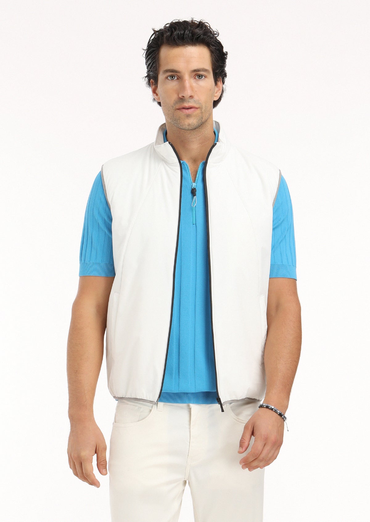 Ekru Regular Fit Dik Yaka Casual Dokuma Spor Yelek