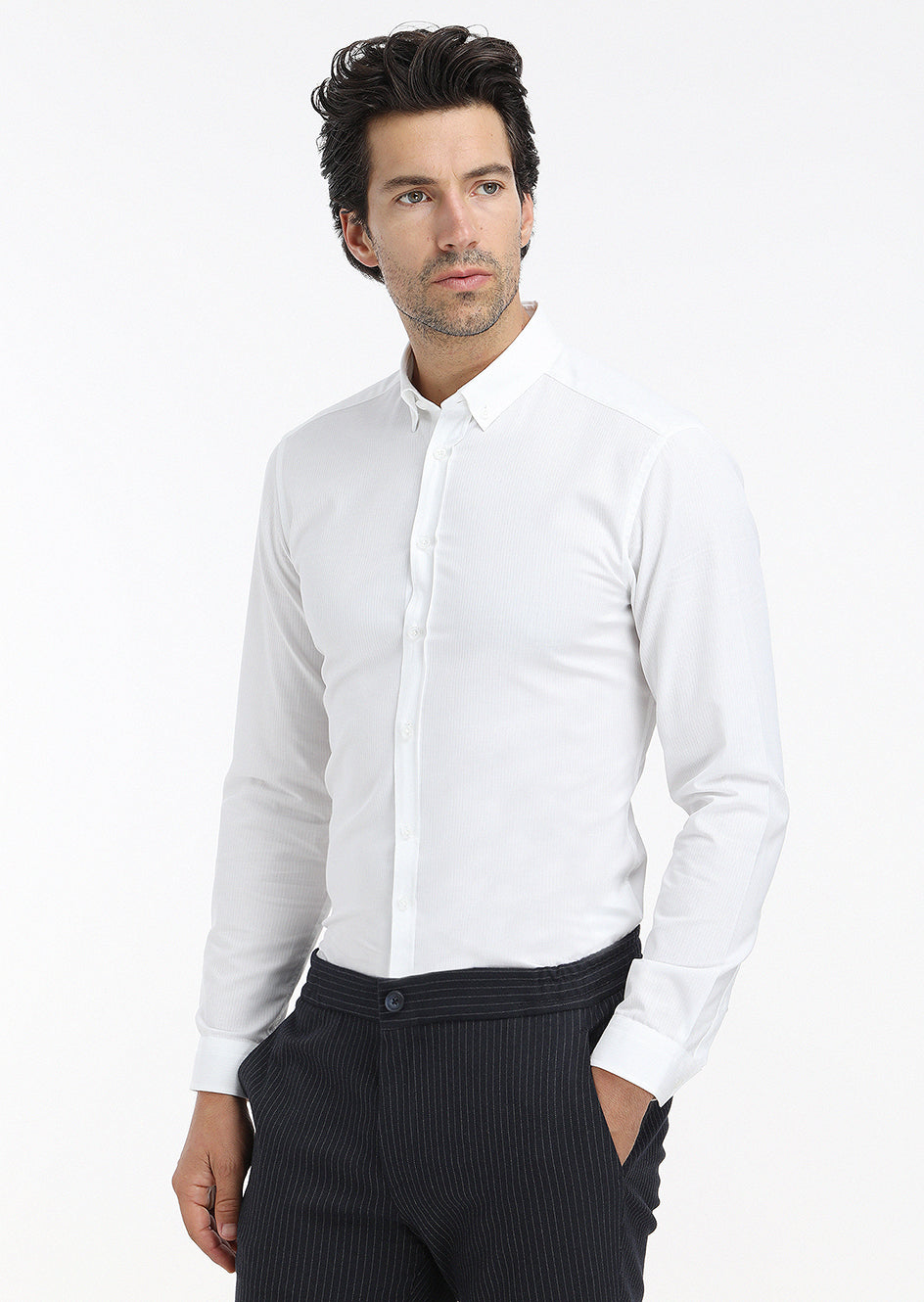 Beyaz Fitilli Regular Fit Uzun Dokuma Casual %100 Pamuk Gömlek