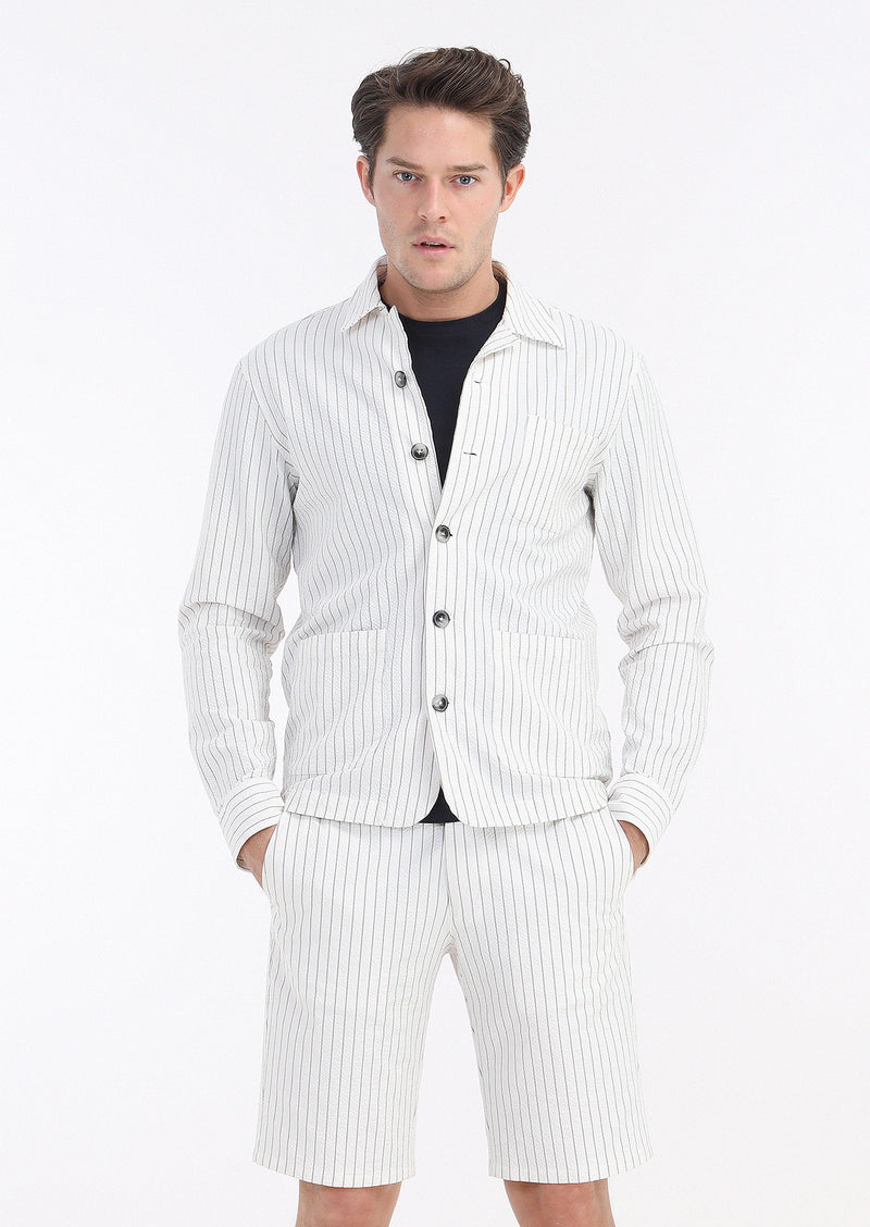 Beyaz Çizgili Casual Fit Uzun Dokuma Pamuk Karışımlı Overshırt