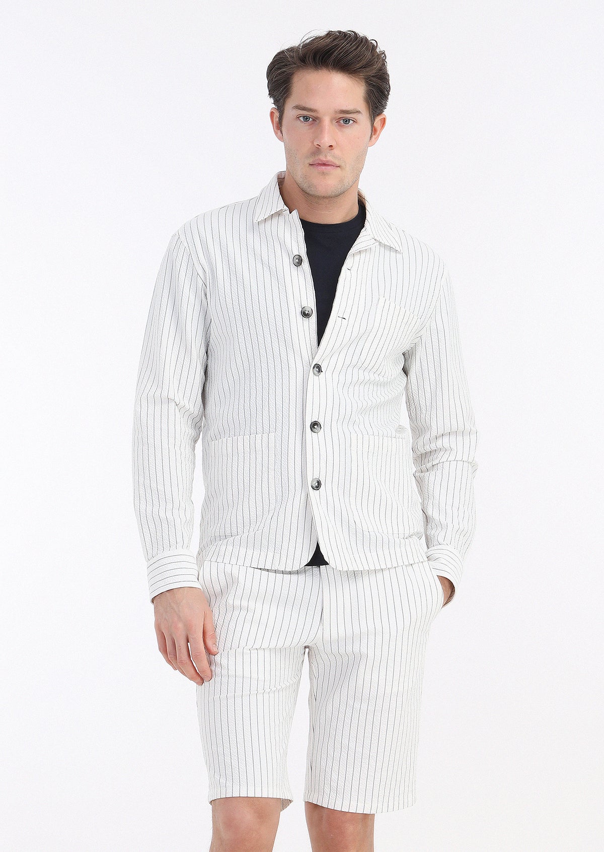 Beyaz Çizgili Casual Fit Uzun Dokuma Pamuk Karışımlı Overshırt