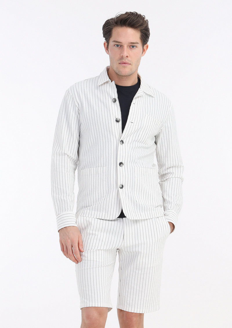 Beyaz Çizgili Casual Fit Uzun Dokuma Pamuk Karışımlı Overshırt