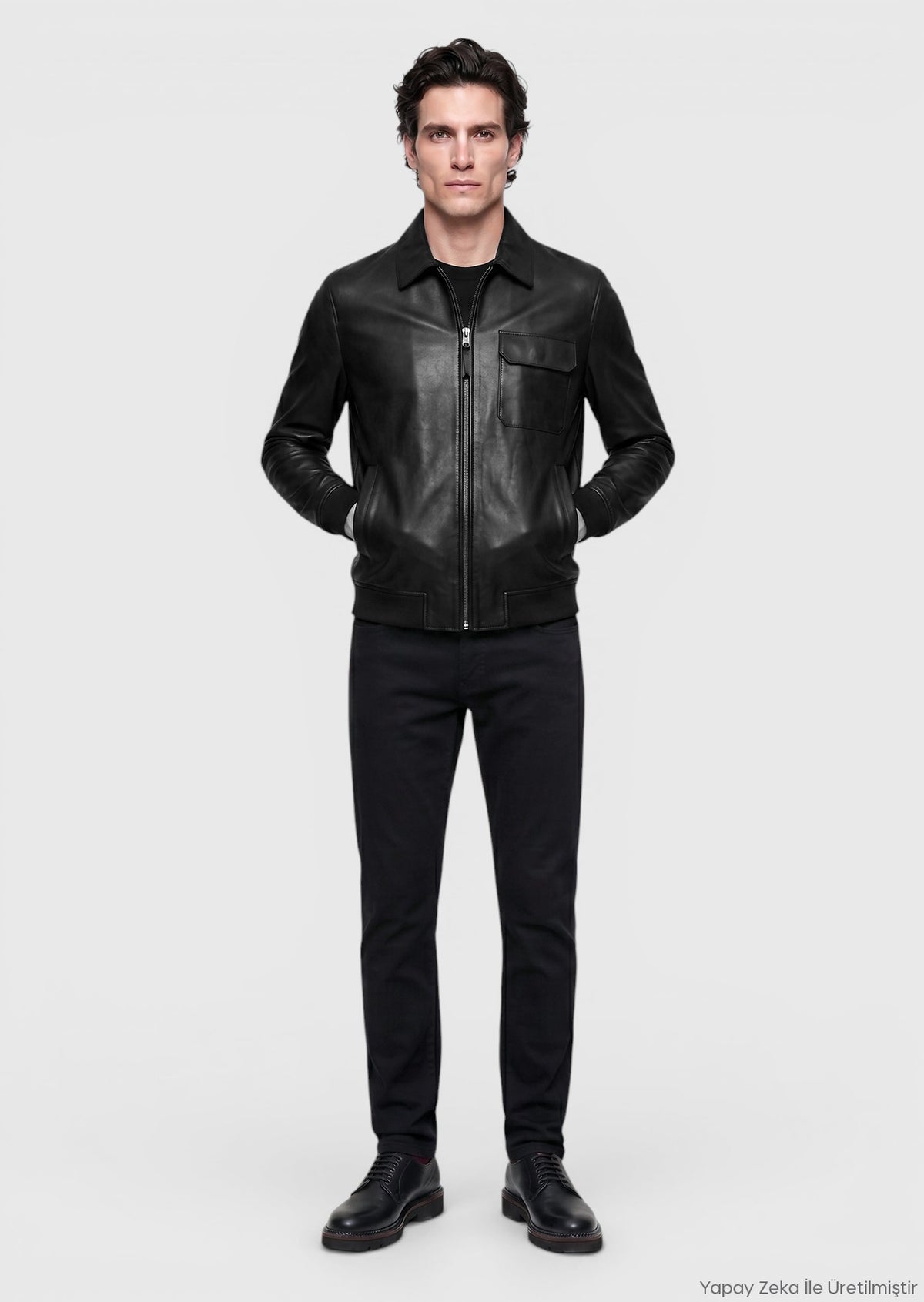 Siyah Regular Fit Gömlek Yaka Casual Deri Deri Mont